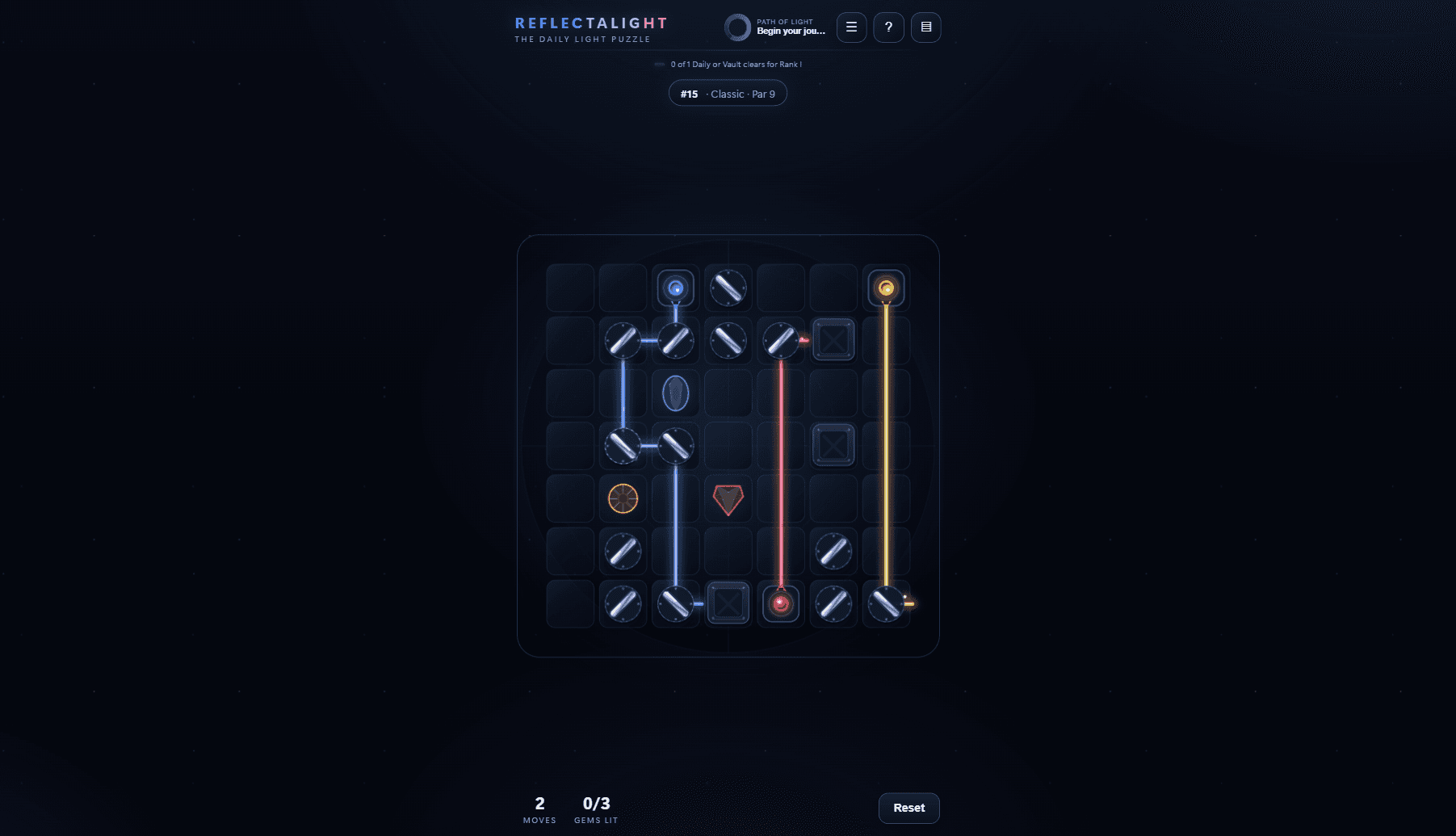 Reflectalight daily puzzle with sapphire, ruby, and citrine beams bending through mirrors