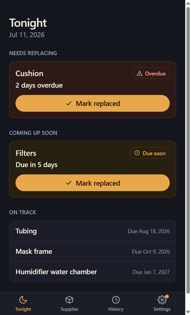 CPAP supply tracker dashboard showing overdue and upcoming replacements