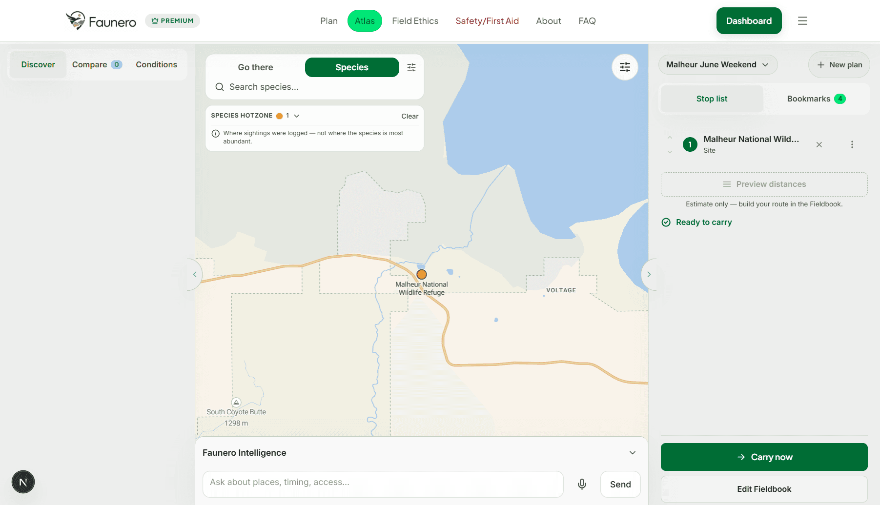 Faunero Atlas showing a species search for Sandhill Crane over a map of wildlife sites