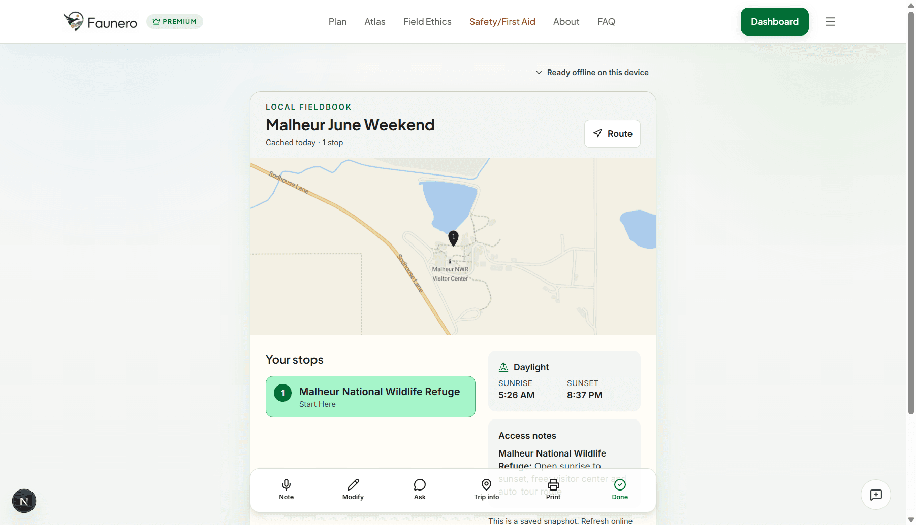 Fieldbook trip plan with stops, daylight, and travel context