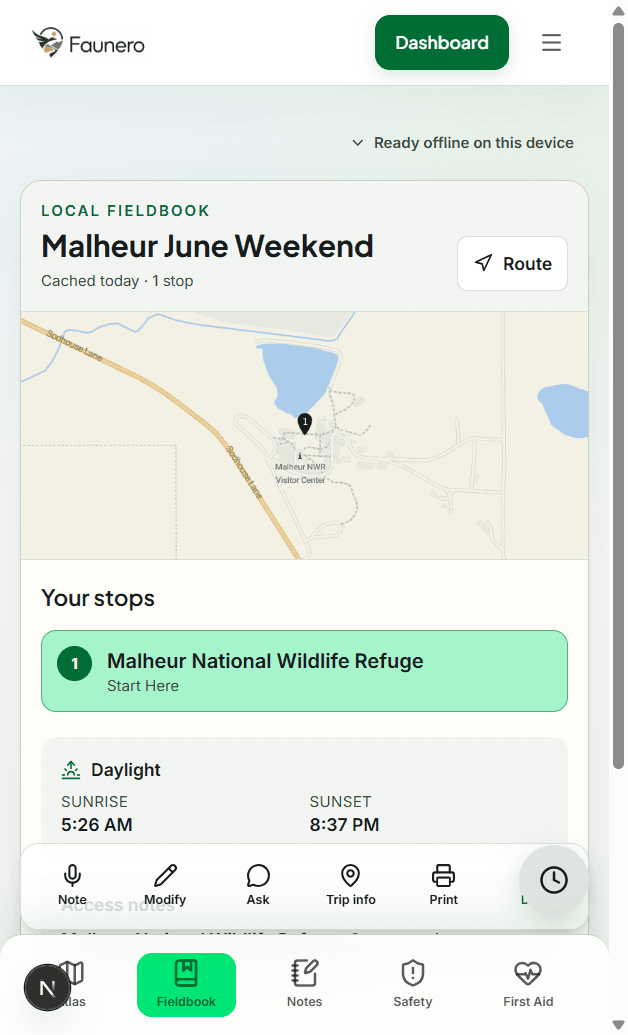 Faunero Fieldbook trip plan on a phone