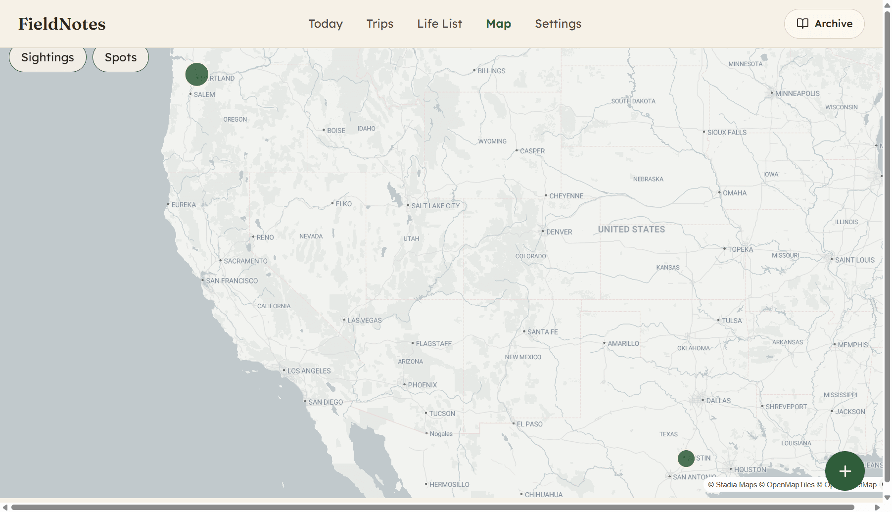 Sightings map