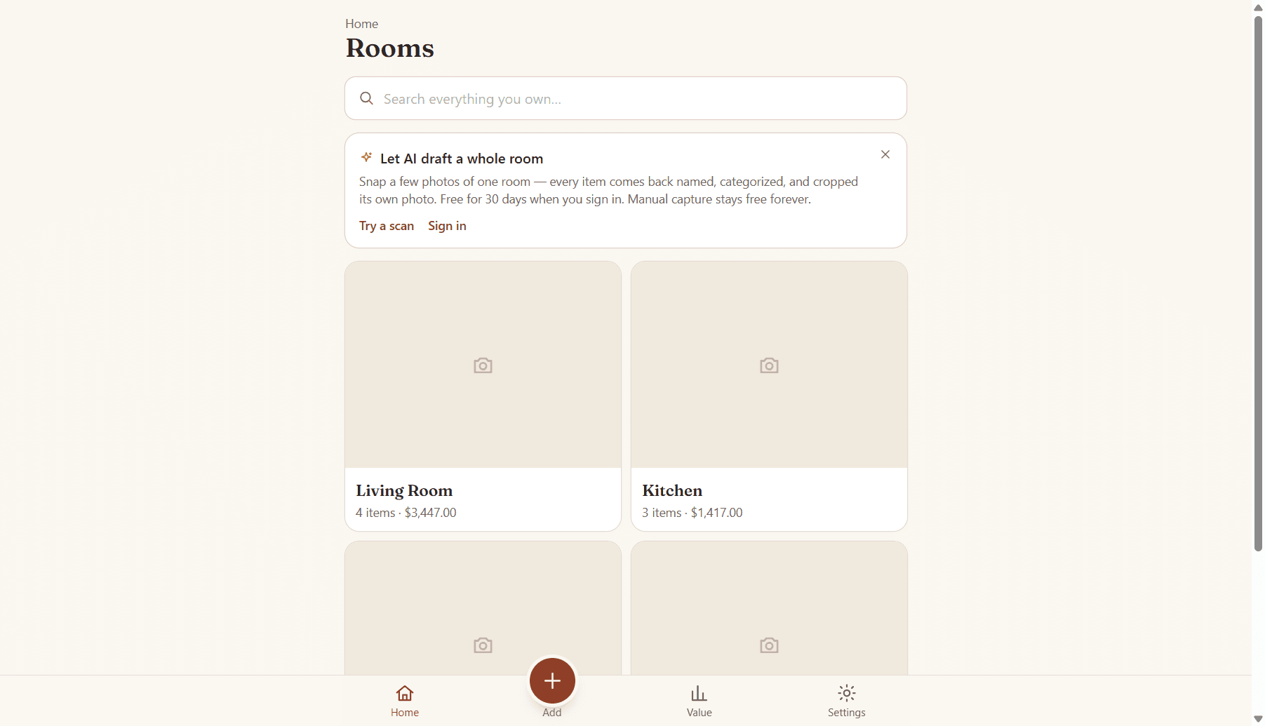 Rooms overview with item counts