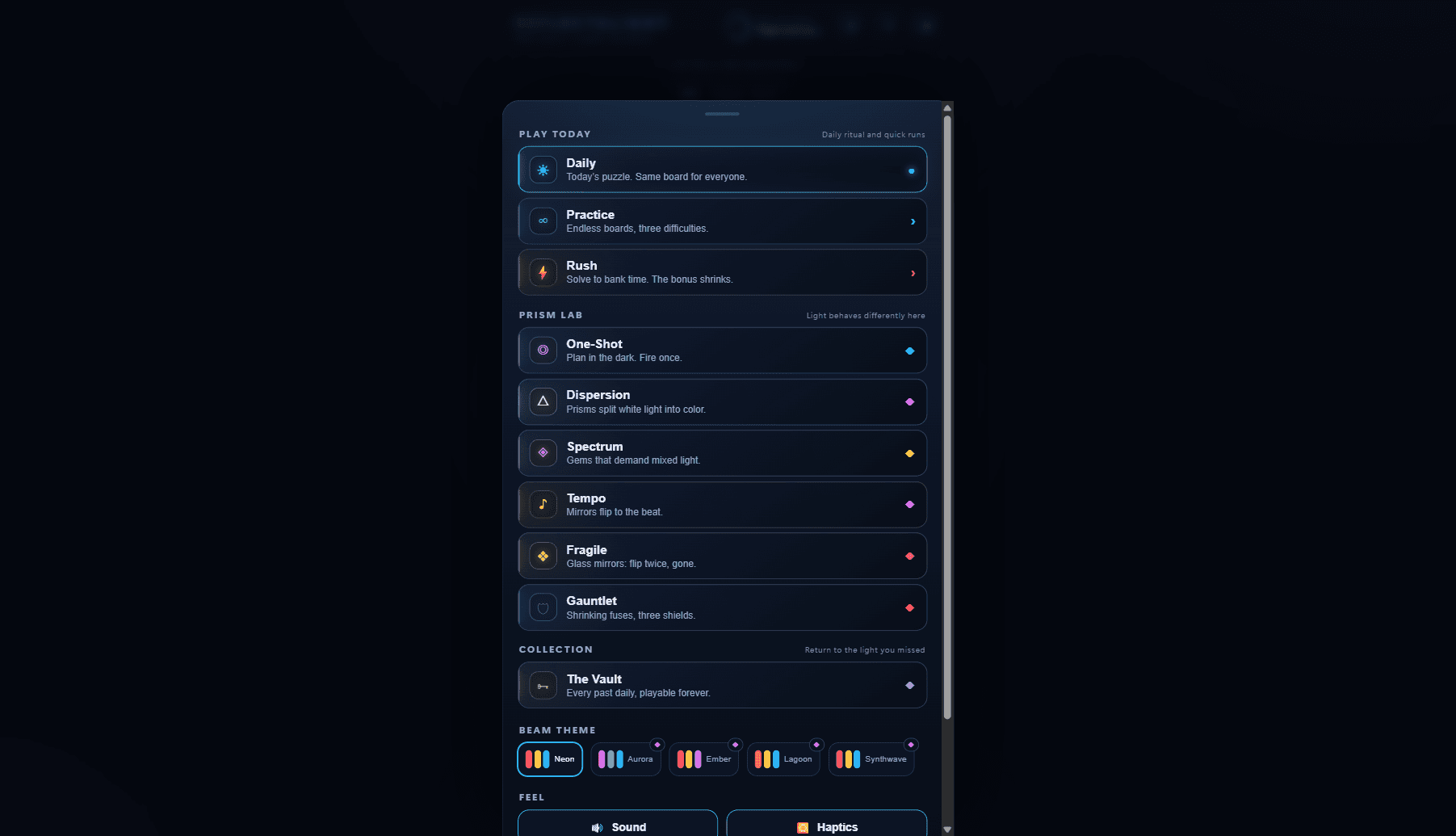 Modes menu with Daily, Practice, Rush, and the premium Prism lab