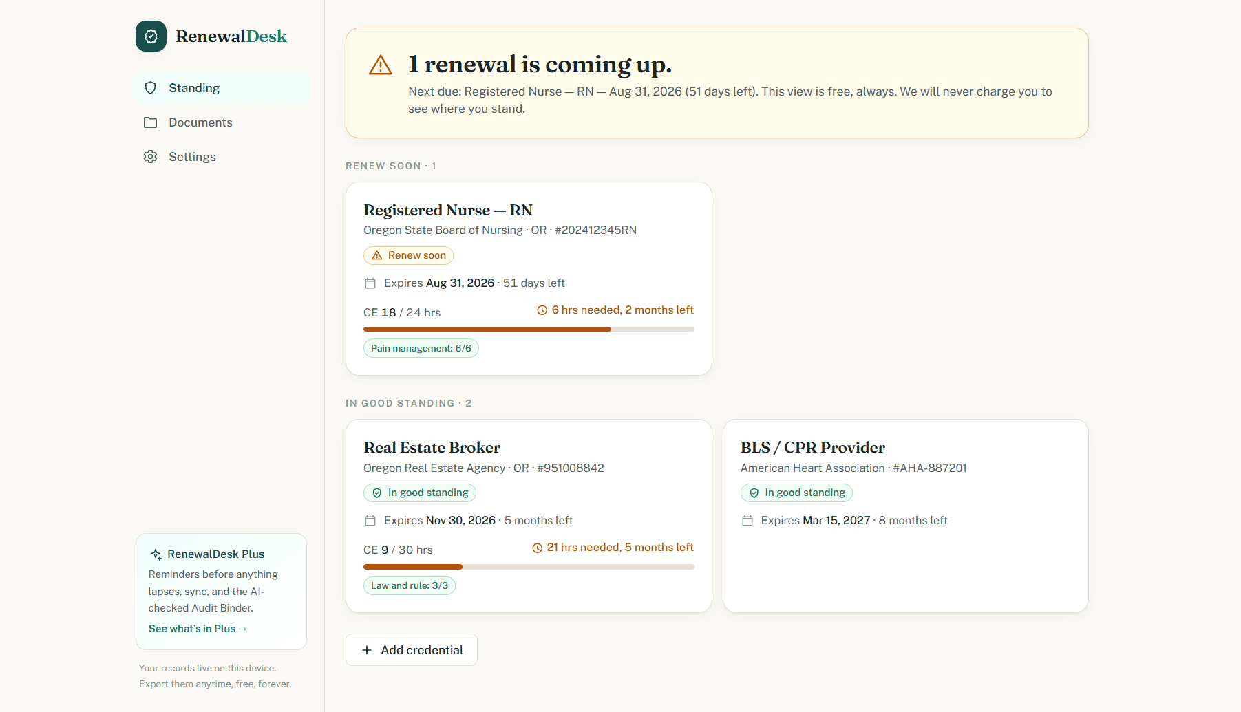 RenewalDesk standing view showing credentials and an upcoming renewal