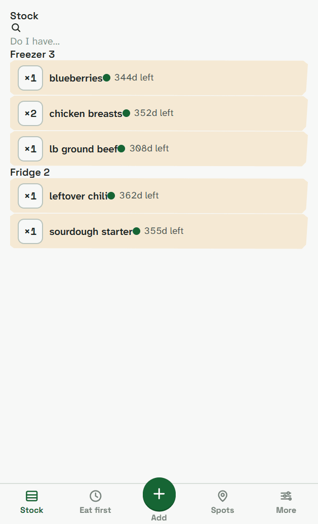 ShelfLife freezer inventory on a phone