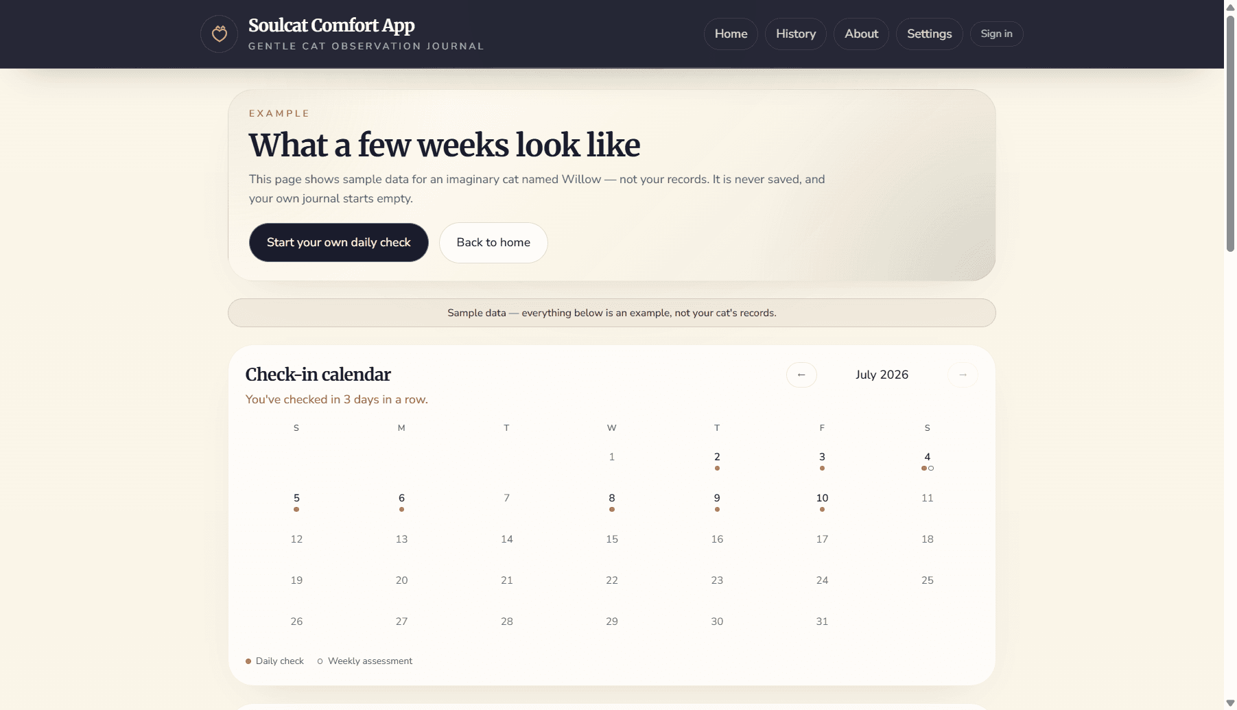 Soulcat Comfort App example journal for a cat named Willow
