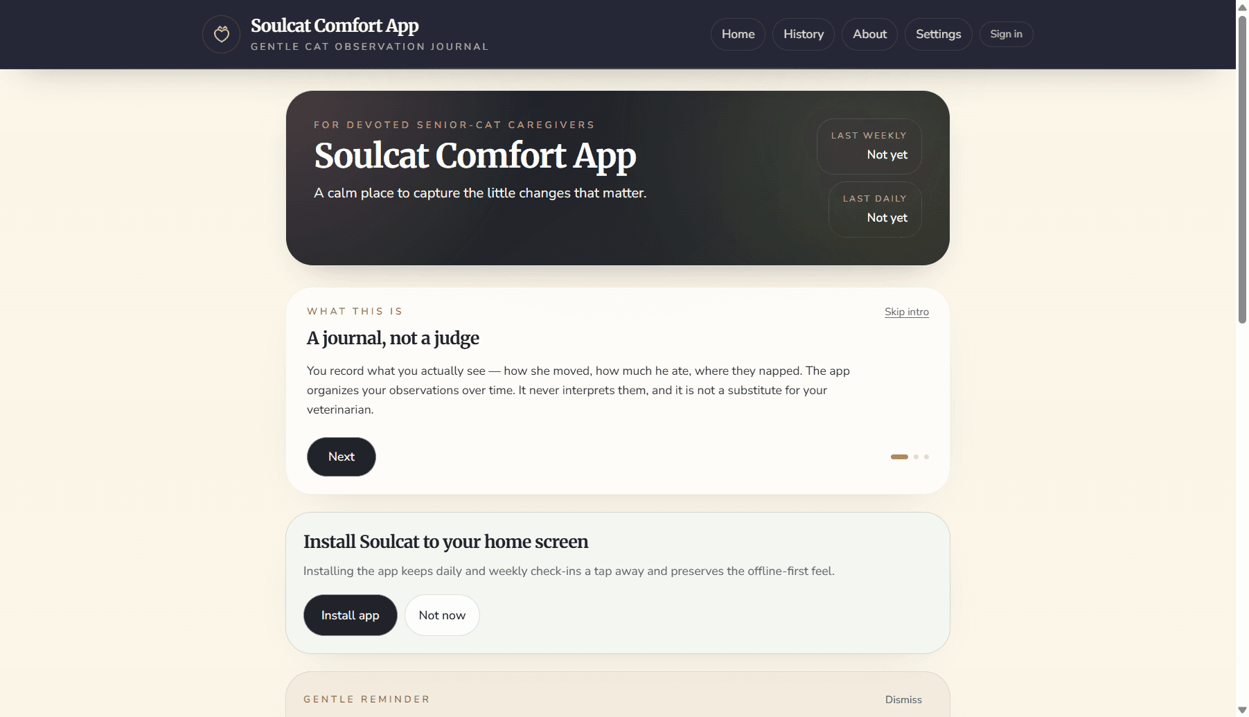 Journal home with daily check-in and weekly reflection